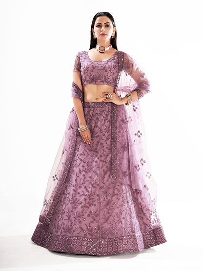 Lavender Net Lehenga Choli with Embroidery Work