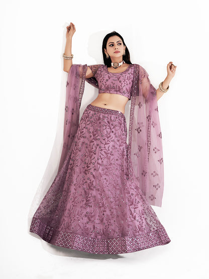 Lavender Net Lehenga Choli with Embroidery Work