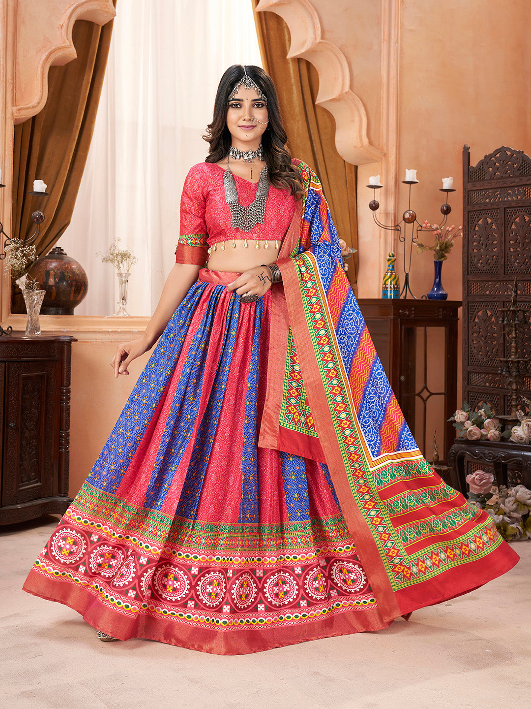 Printed Multi-Color Silk Cotton with Zari Border Navaratri Lehenga Choli Set