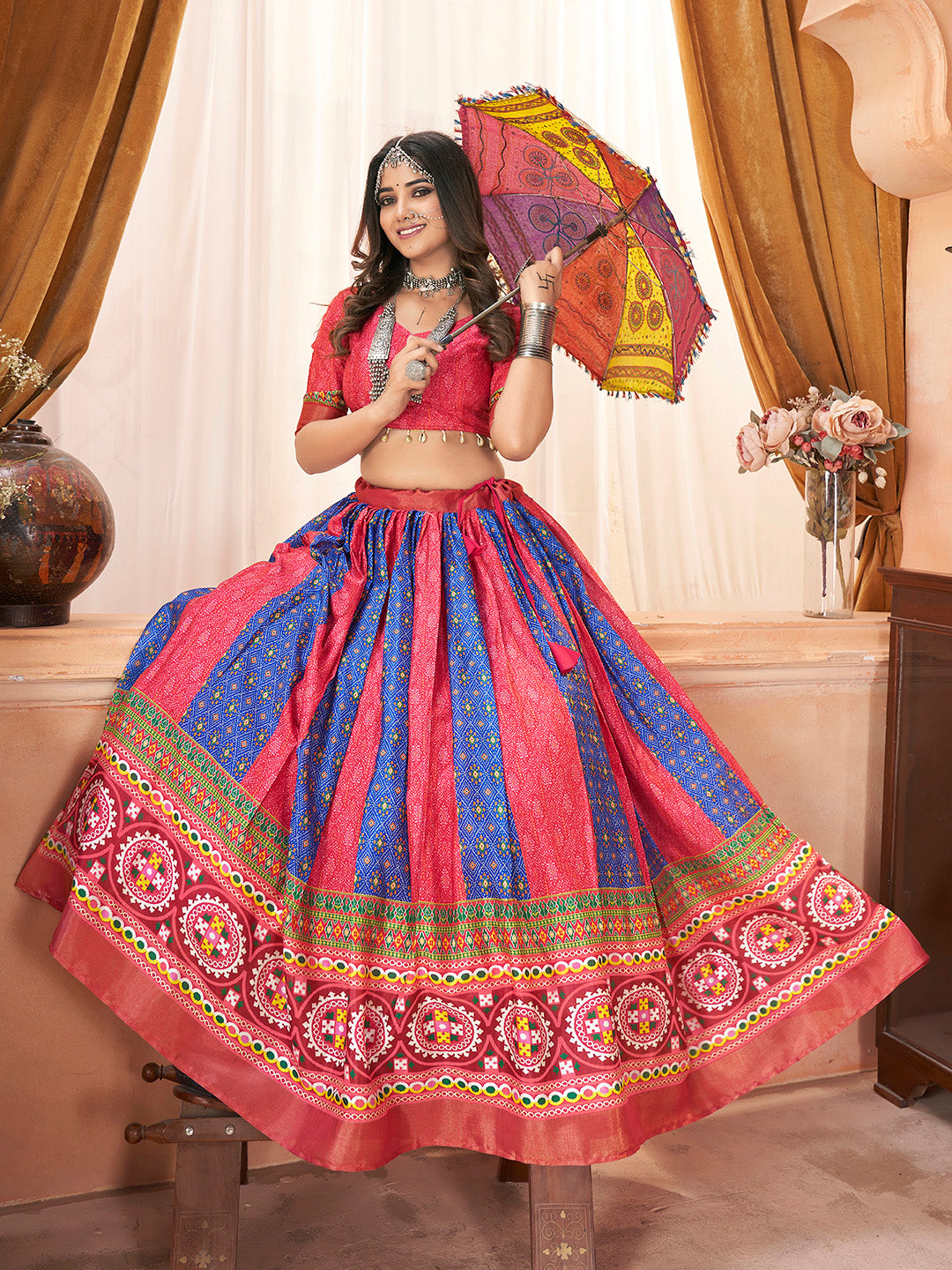 Printed Multi-Color Silk Cotton with Zari Border Navaratri Lehenga Choli Set