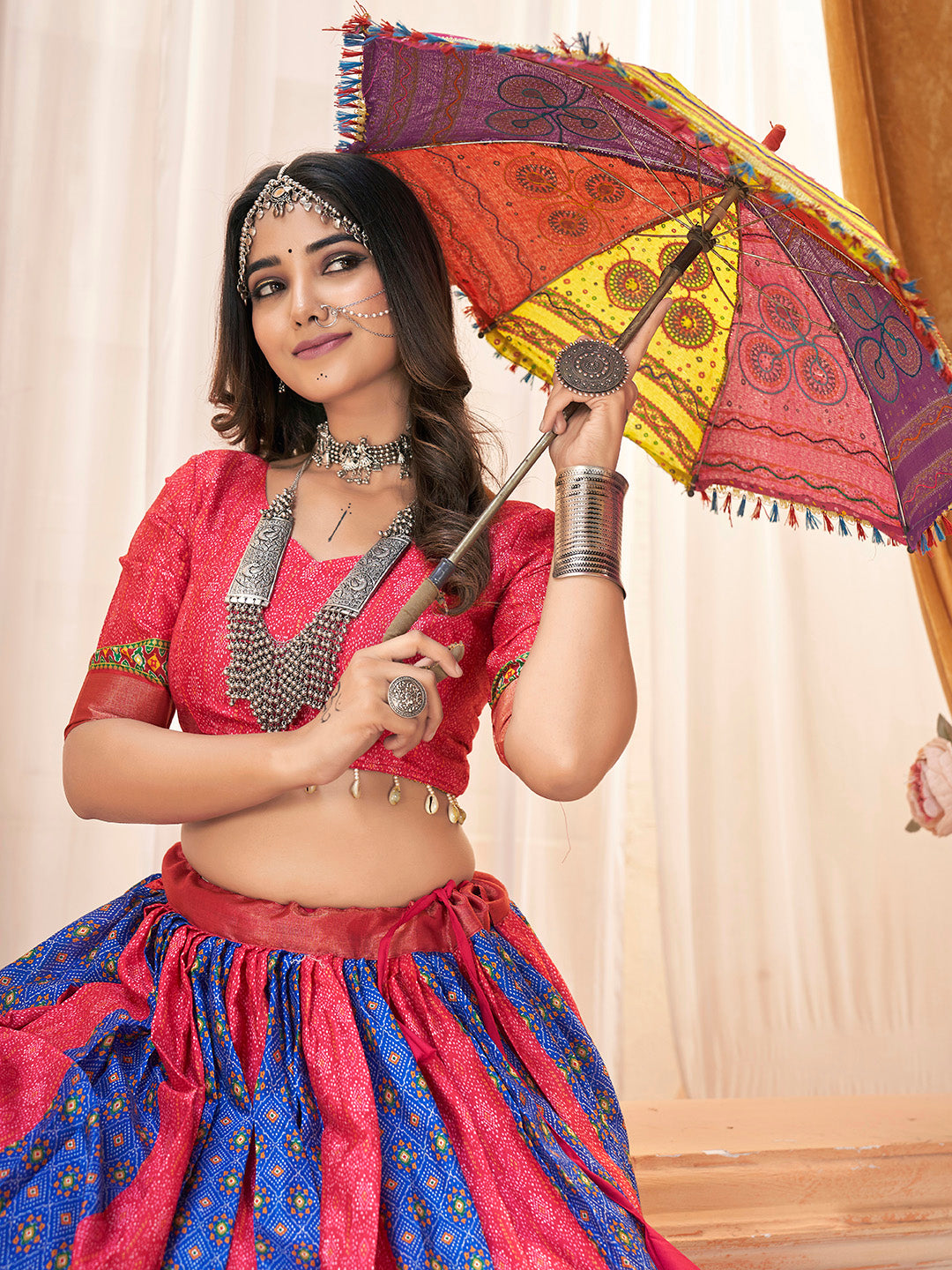 Printed Multi-Color Silk Cotton with Zari Border Navaratri Lehenga Choli Set