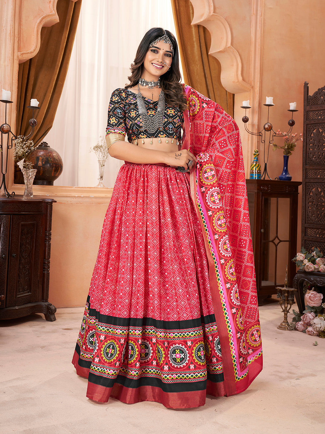 Printed Maroon & Black Silk Cotton with Zari Border Navaratri Lehenga Choli Set