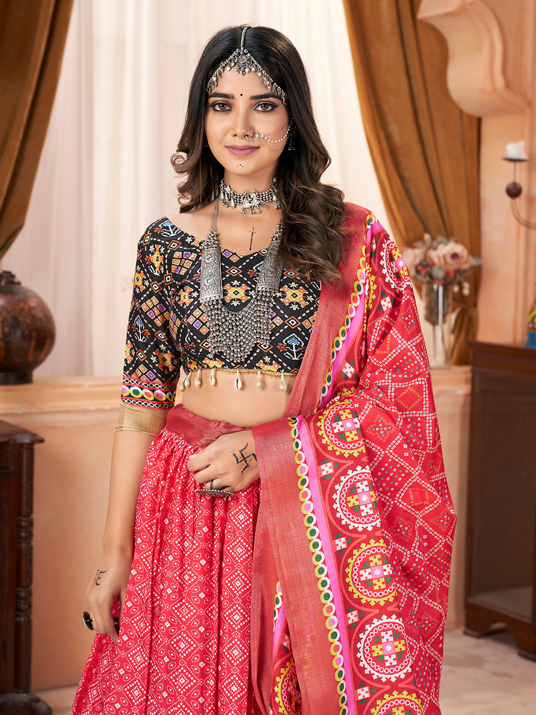 Printed Maroon & Black Silk Cotton with Zari Border Navaratri Lehenga Choli Set