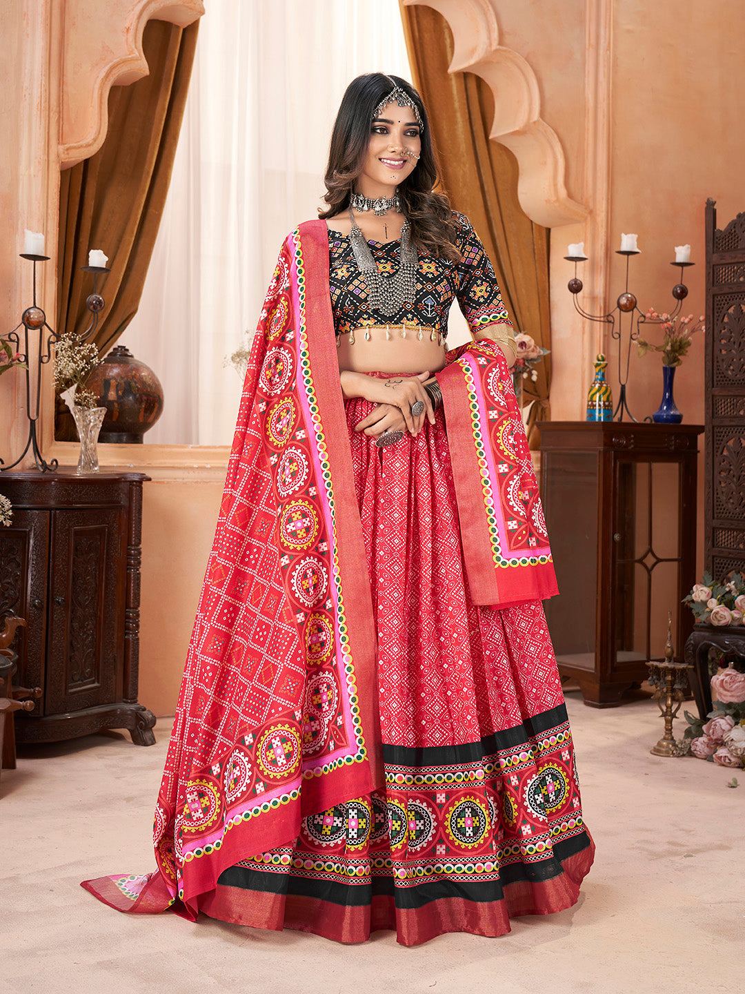 Printed Maroon & Black Silk Cotton with Zari Border Navaratri Lehenga Choli Set