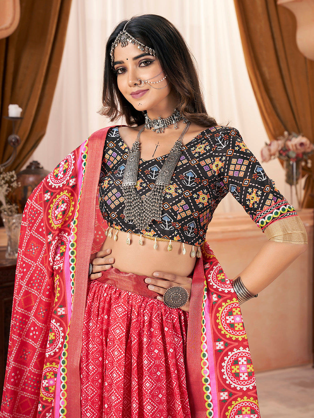 Printed Maroon & Black Silk Cotton with Zari Border Navaratri Lehenga Choli Set