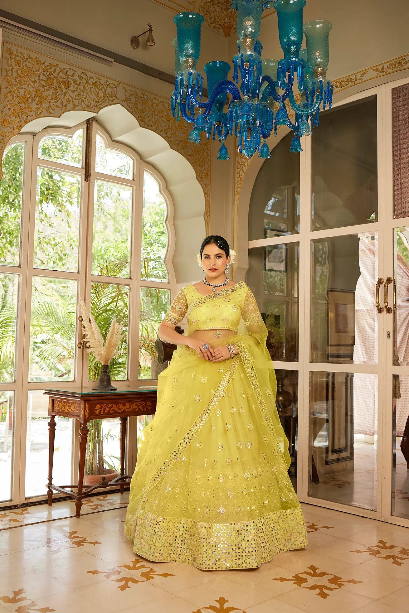 Yellow Sequins Embroidered Net Lehenga Choli