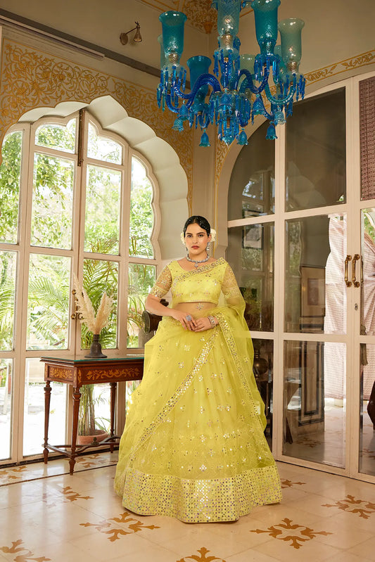 Yellow Sequins Embroidered Net Lehenga Choli