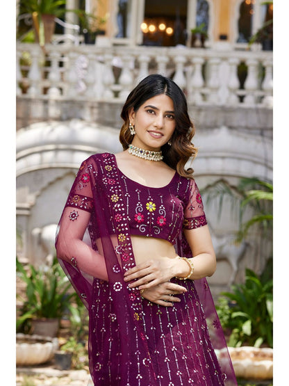 Purple Sequins Embroidered Net Lehenga Choli
