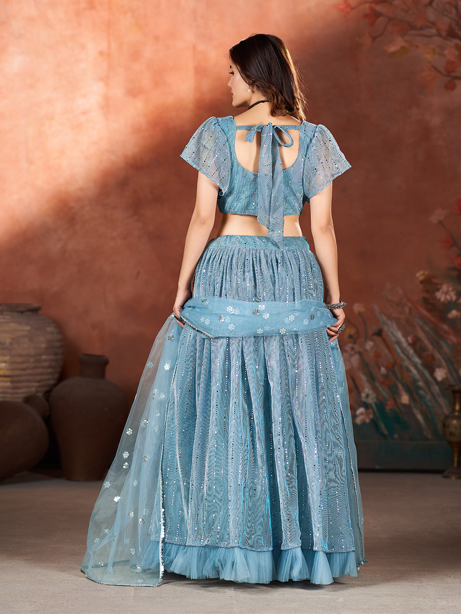 Baby Blue Wedding Wear Sequins Embroidered Lehenga Choli