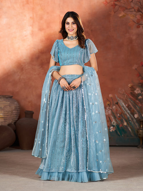 Baby Blue Wedding Wear Sequins Embroidered Lehenga Choli