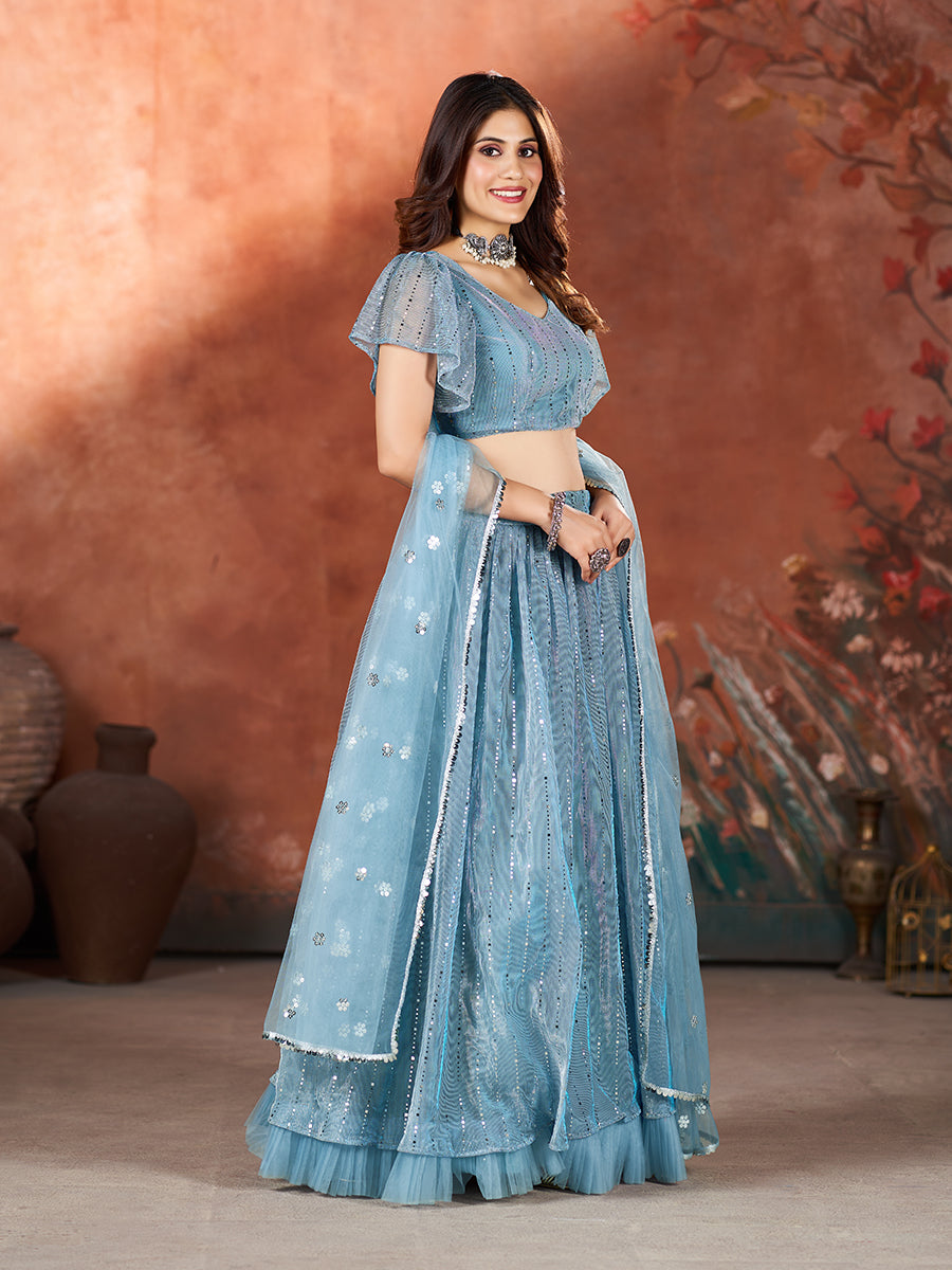 Baby Blue Wedding Wear Sequins Embroidered Lehenga Choli