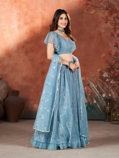 Baby Blue Wedding Wear Sequins Embroidered Lehenga Choli