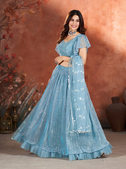 Baby Blue Wedding Wear Sequins Embroidered Lehenga Choli