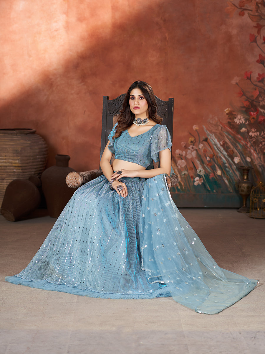 Baby Blue Wedding Wear Sequins Embroidered Lehenga Choli