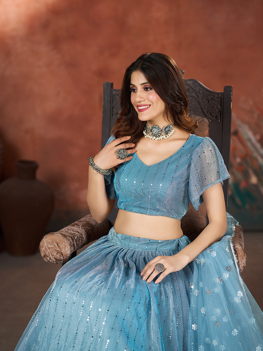 Baby Blue Wedding Wear Sequins Embroidered Lehenga Choli
