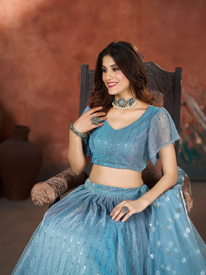Baby Blue Wedding Wear Sequins Embroidered Lehenga Choli