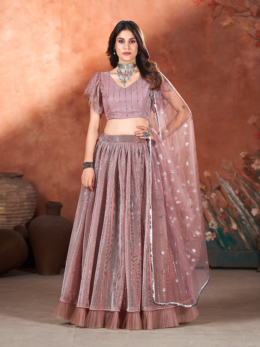 Mauve Wedding Wear Sequins Embroidered Lehenga Choli