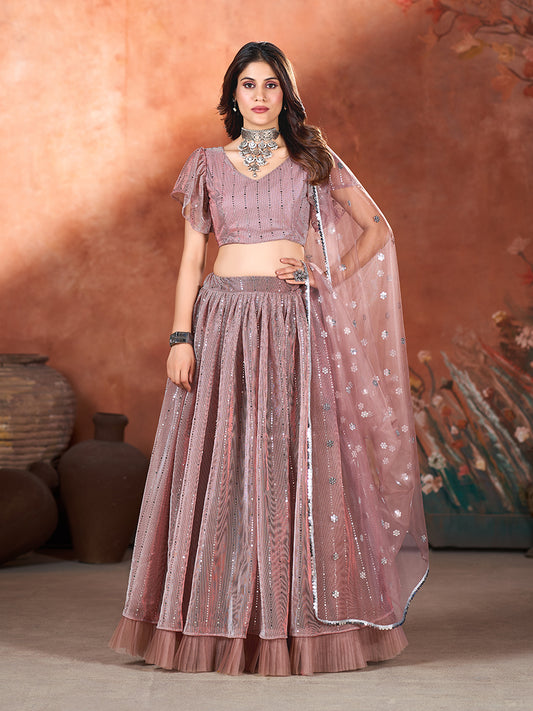 Mauve Wedding Wear Sequins Embroidered Lehenga Choli