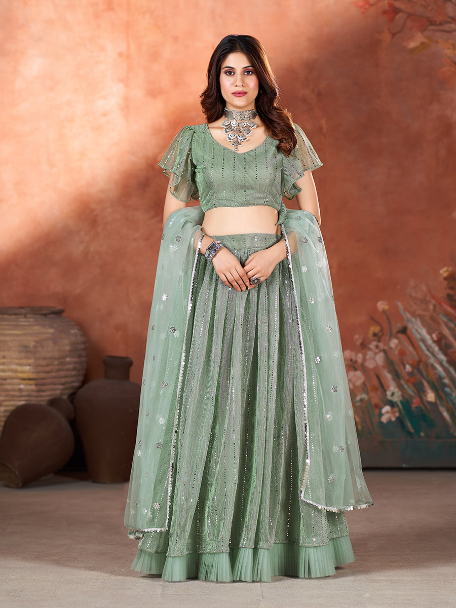 Green Wedding Wear Sequins Embroidered Lehenga Choli