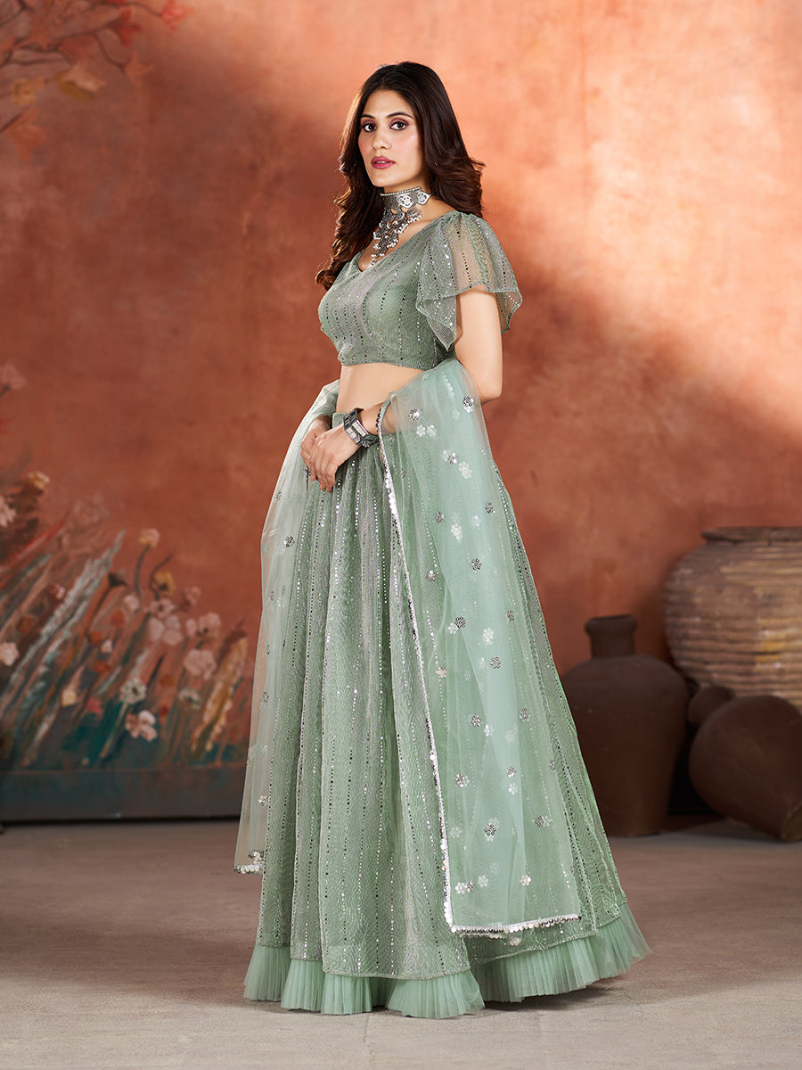 Green Wedding Wear Sequins Embroidered Lehenga Choli