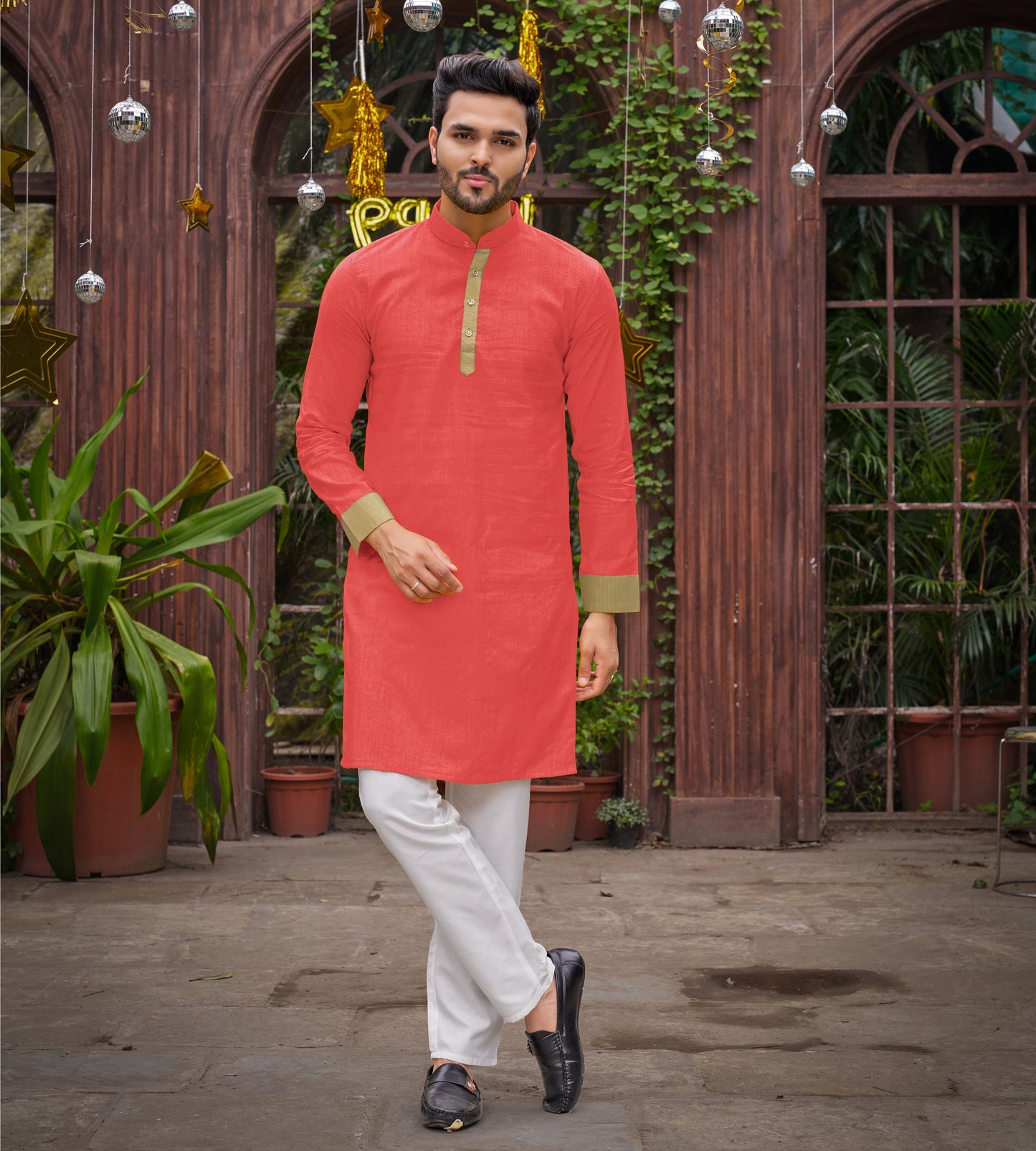 Coral Silk Couple Wear Saree with Kurta