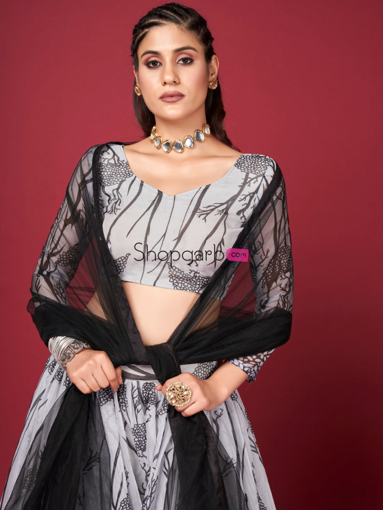 White & Black Silk Lehenga Choli With Net Dupatta