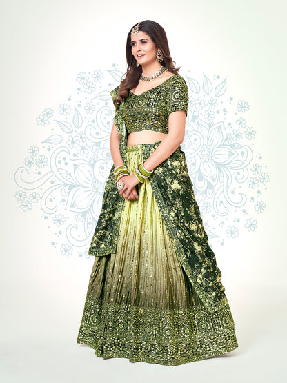 Olive Green Navratri Wear Chinon Silk Lehenga Choli