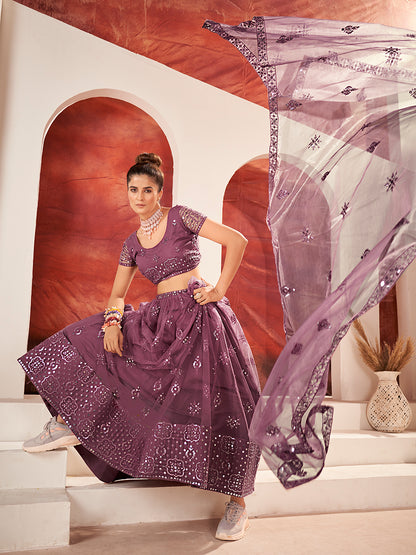 Prettiest Mauve Soft Net Sequins Embroidered Lehenga Choli