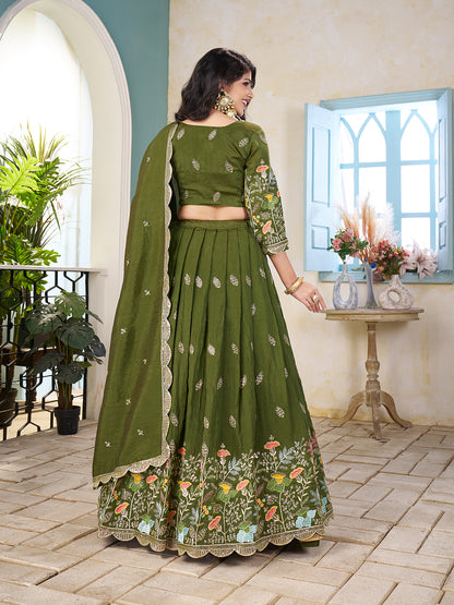 Shopgarb Mahendi Embroidered Lehenga & Matching Men's Kurta Set