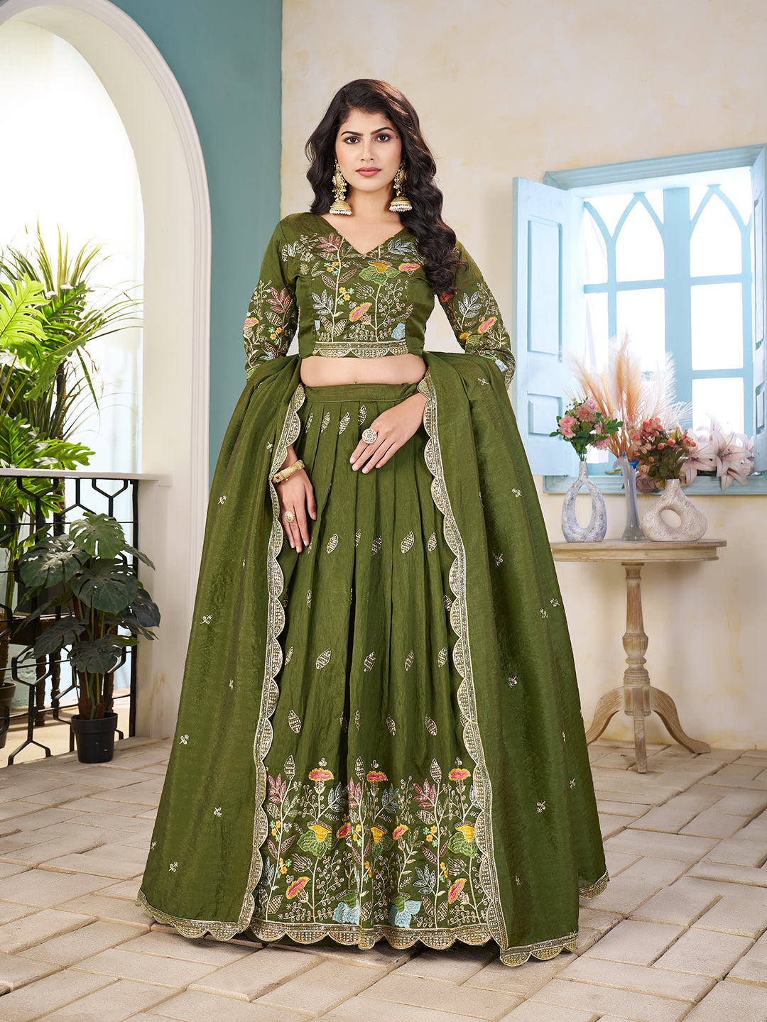 Shopgarb Mahendi Embroidered Lehenga & Matching Men's Kurta Set