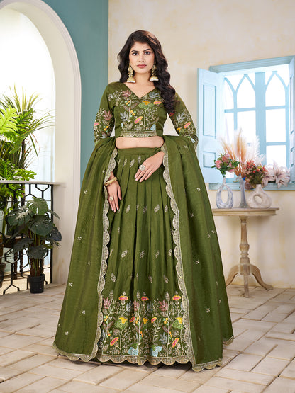 Shopgarb Mahendi Embroidered Lehenga & Matching Men's Kurta Set