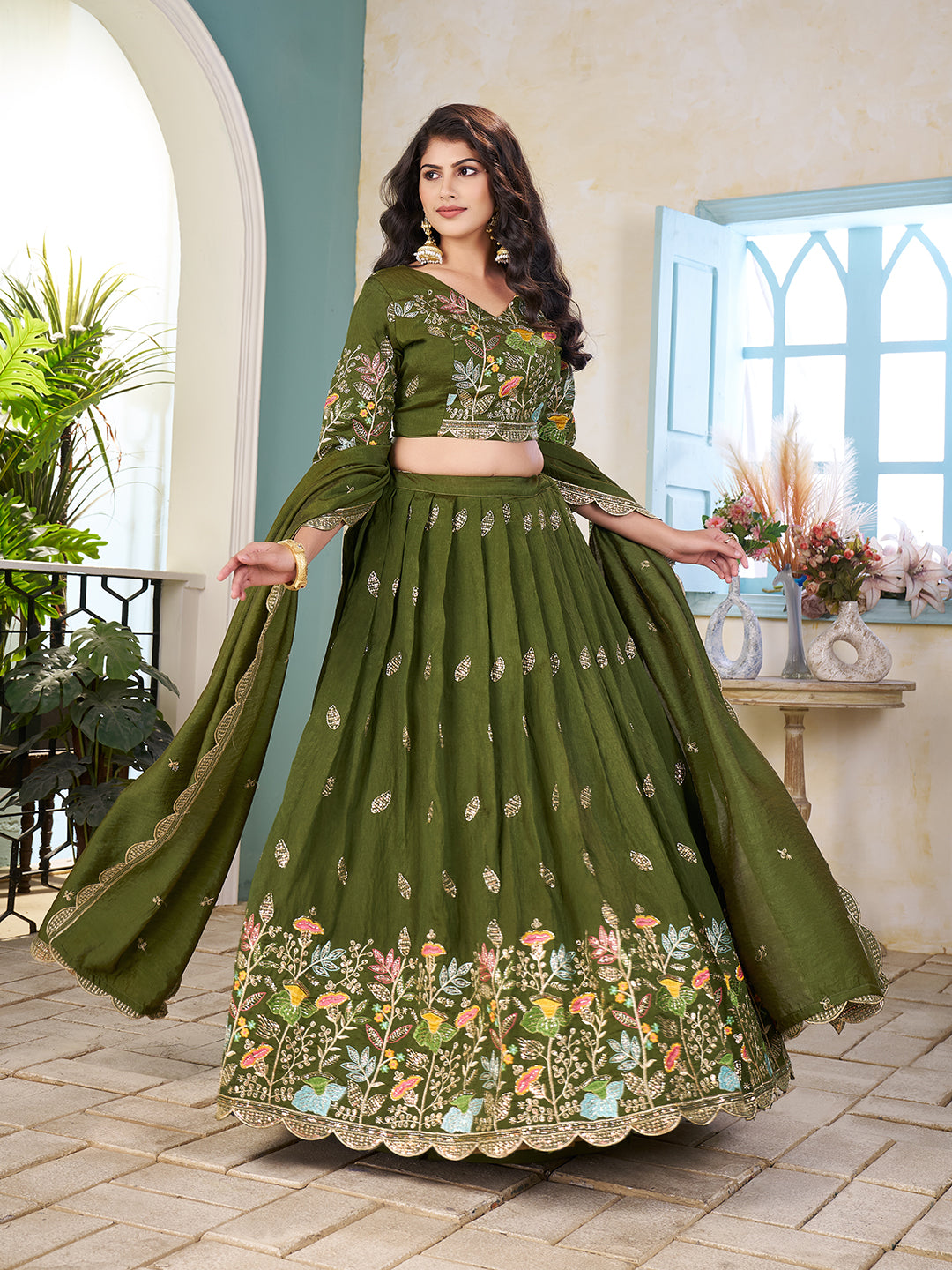 Shopgarb Mahendi Embroidered Lehenga & Matching Men's Kurta Set