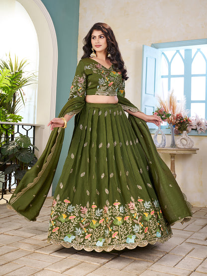 Shopgarb Mahendi Embroidered Lehenga & Matching Men's Kurta Set