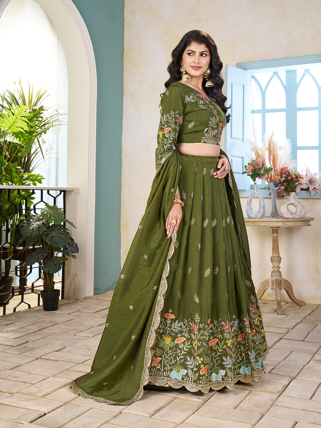 Shopgarb Mahendi Embroidered Lehenga & Matching Men's Kurta Set