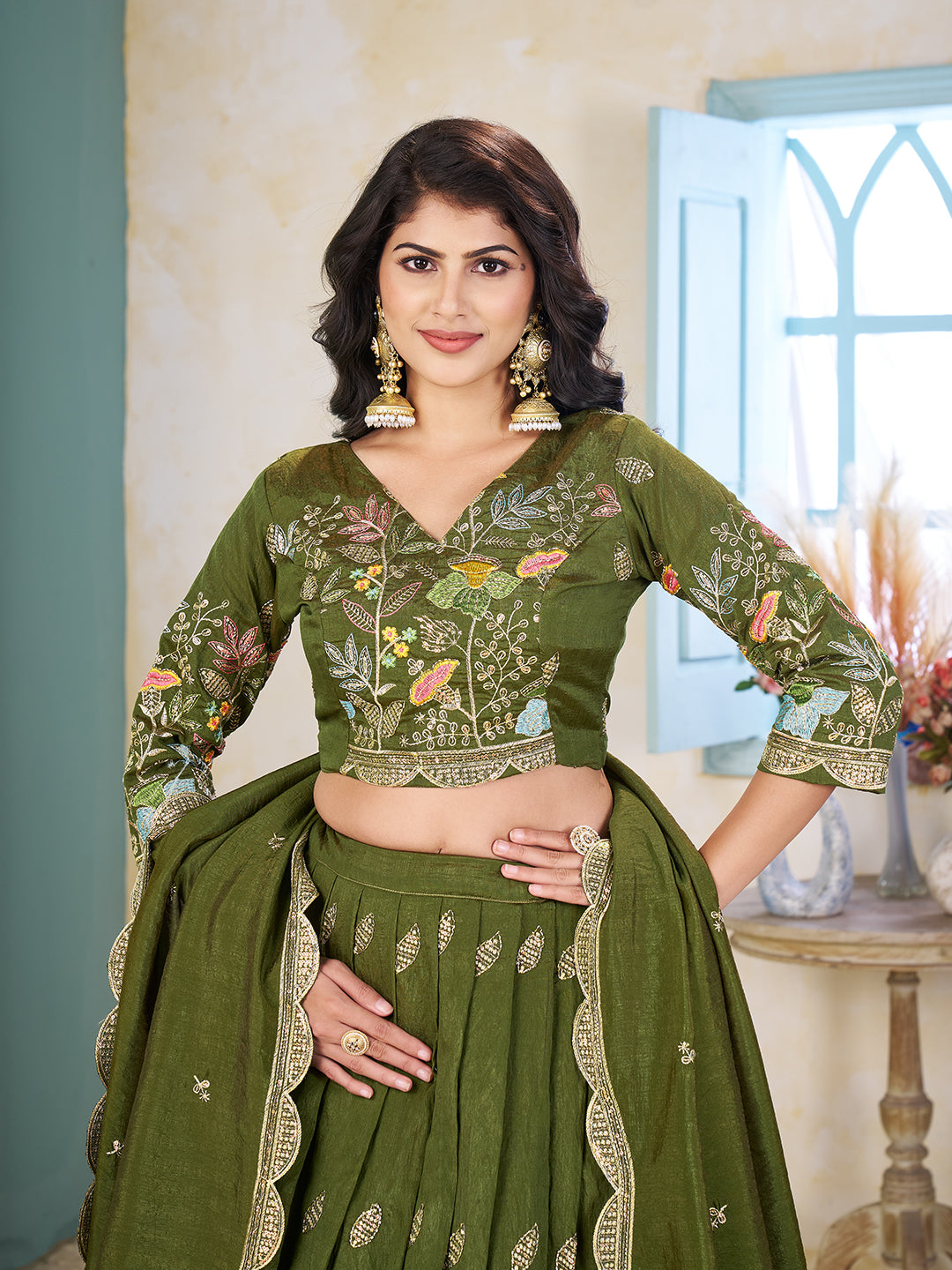 Shopgarb Mahendi Embroidered Lehenga & Matching Men's Kurta Set