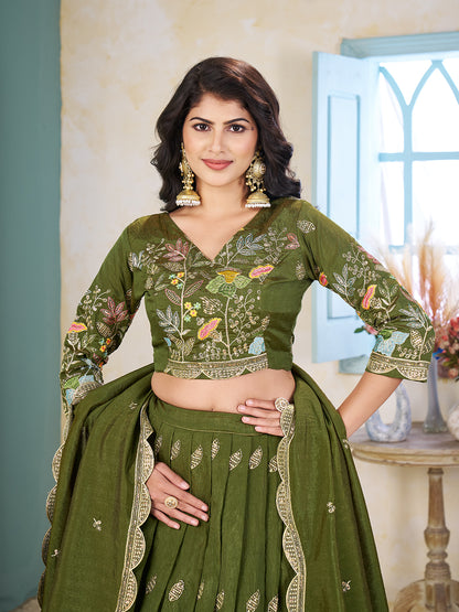 Shopgarb Mahendi Embroidered Lehenga & Matching Men's Kurta Set