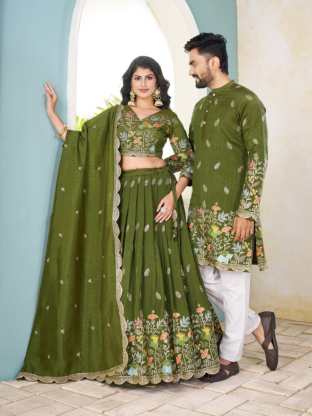 Shopgarb Mahendi Embroidered Lehenga & Matching Men's Kurta Set
