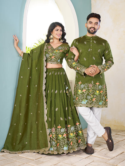 Shopgarb Mahendi Embroidered Lehenga & Matching Men's Kurta Set