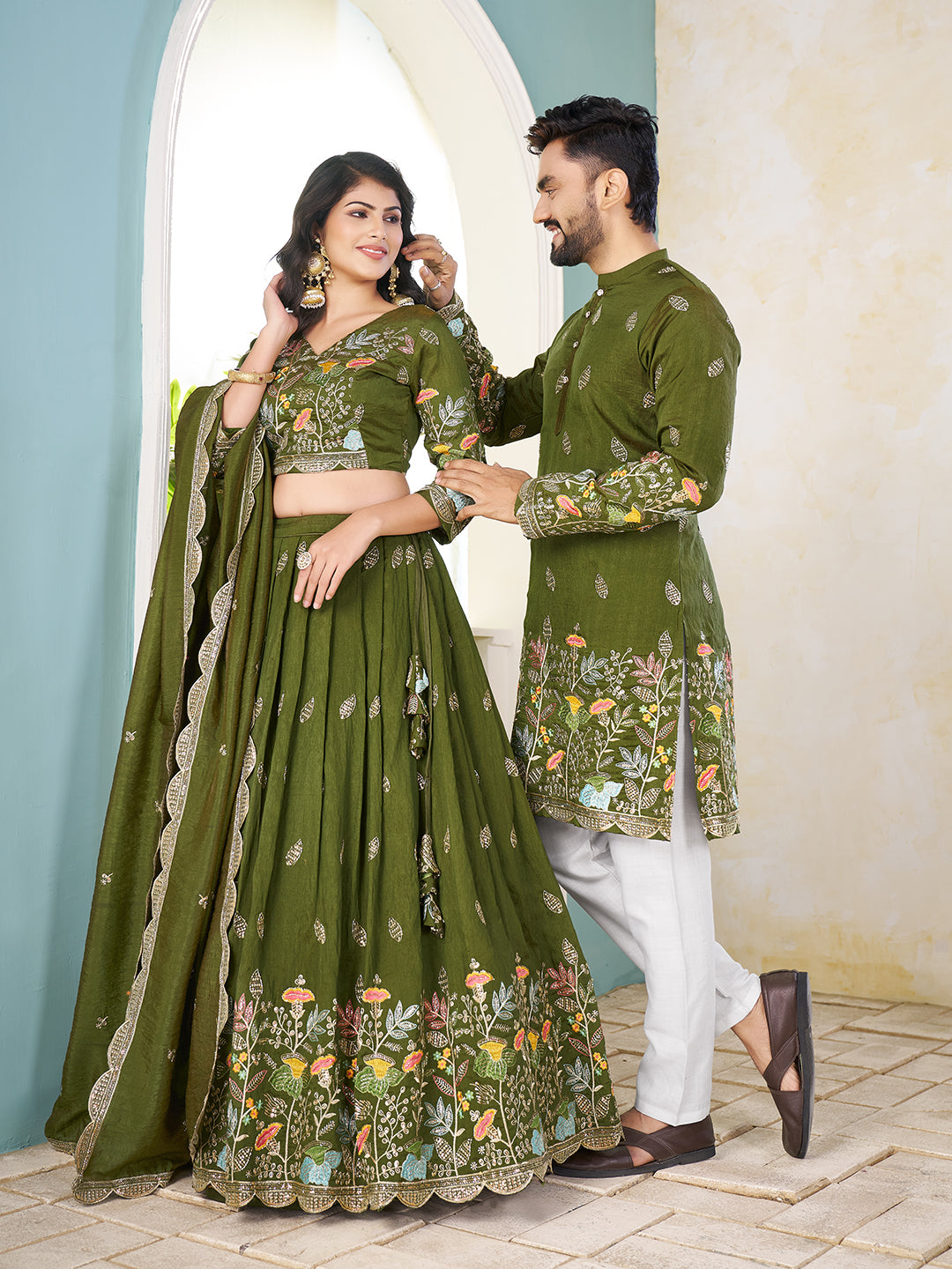 Shopgarb Mahendi Embroidered Lehenga & Matching Men's Kurta Set