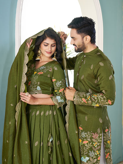 Shopgarb Mahendi Embroidered Lehenga & Matching Men's Kurta Set