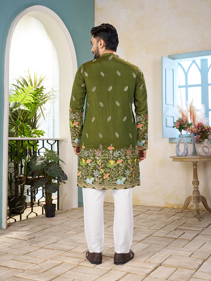 Embroidered Mandarin Collar Thread Work Silk Straight Kurta
