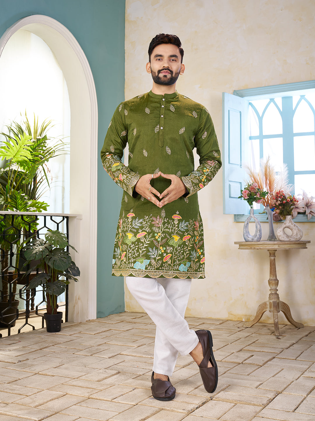 Shopgarb Mahendi Embroidered Lehenga & Matching Men's Kurta Set