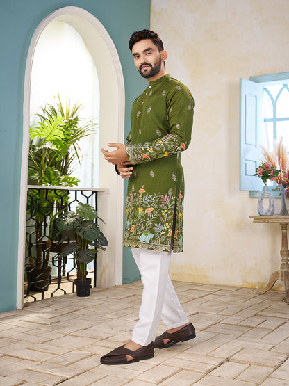Shopgarb Mahendi Embroidered Lehenga & Matching Men's Kurta Set