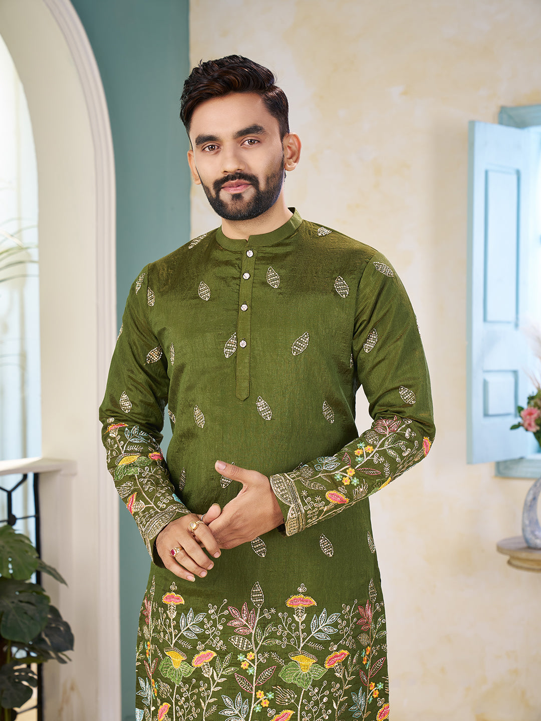 Shopgarb Mahendi Embroidered Lehenga & Matching Men's Kurta Set