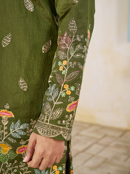 Shopgarb Mahendi Embroidered Lehenga & Matching Men's Kurta Set