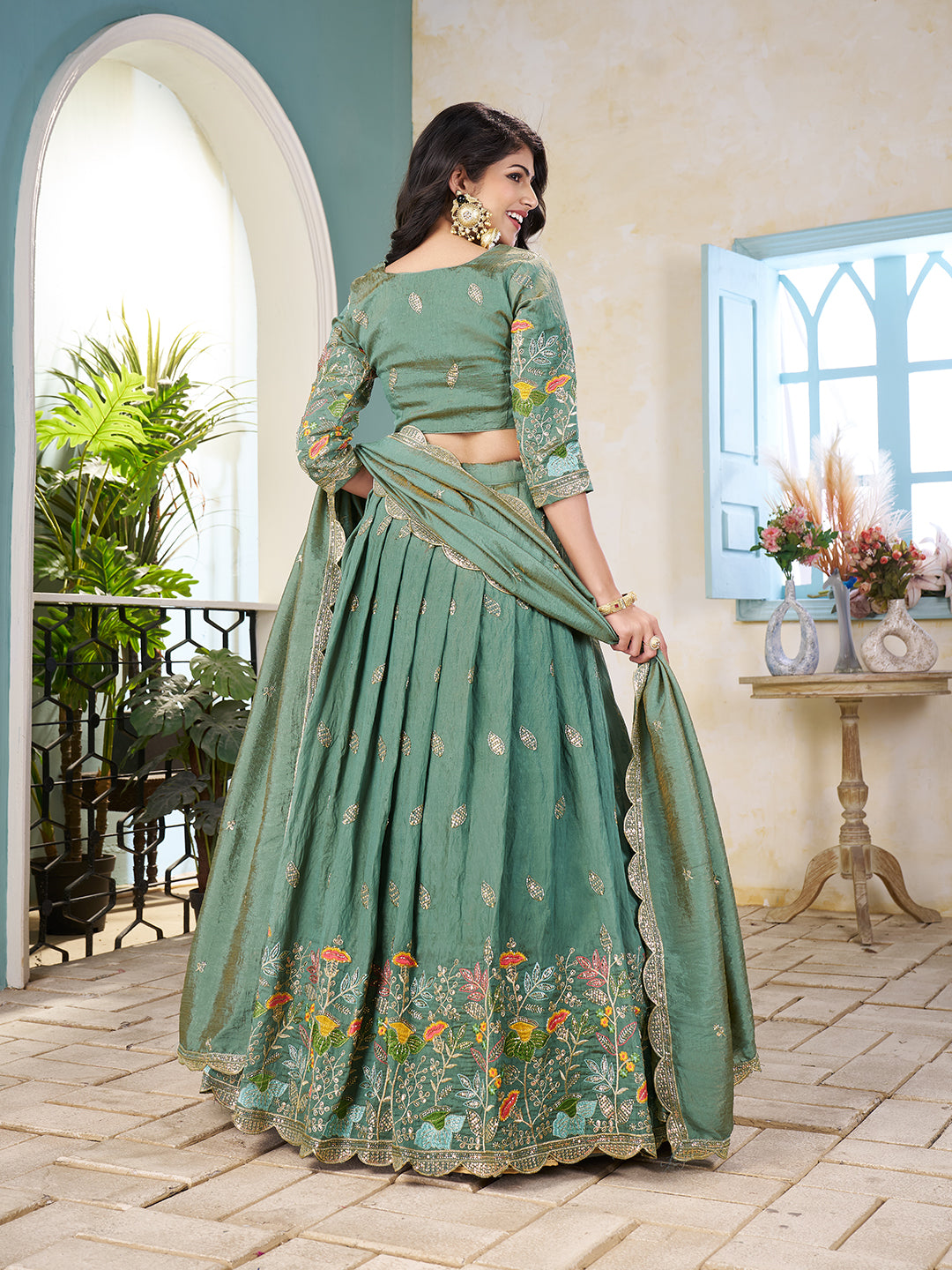 Shopgarb Sea Green Embroidered Lehenga & Matching Men's Kurta Set