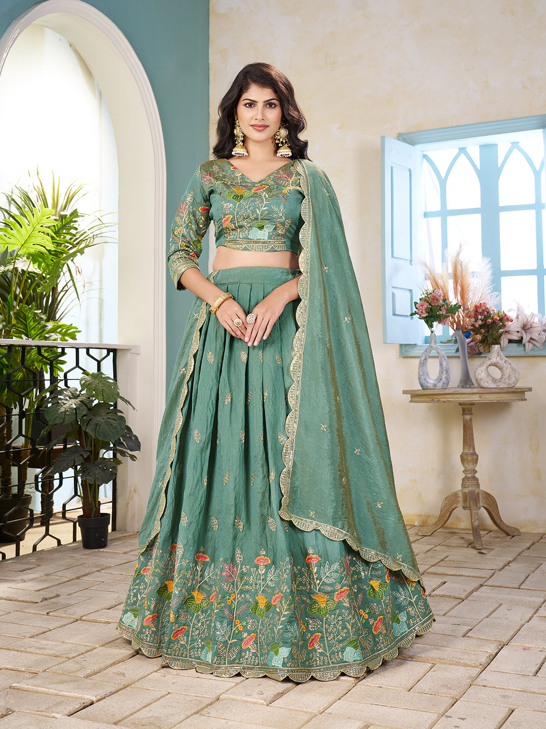Shopgarb Sea Green Embroidered Lehenga & Matching Men's Kurta Set