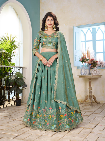 Shopgarb Sea Green Embroidered Lehenga & Matching Men's Kurta Set
