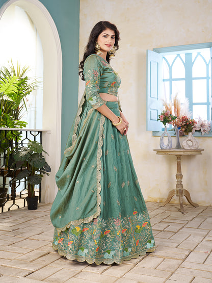 Shopgarb Sea Green Embroidered Lehenga & Matching Men's Kurta Set