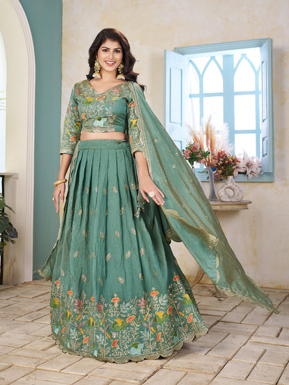 Shopgarb Sea Green Embroidered Lehenga & Matching Men's Kurta Set